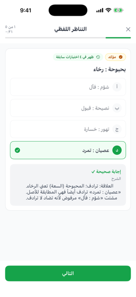 A verbal-analogy practice question answered correctly, with its explanation and a badge showing it appeared in past exams